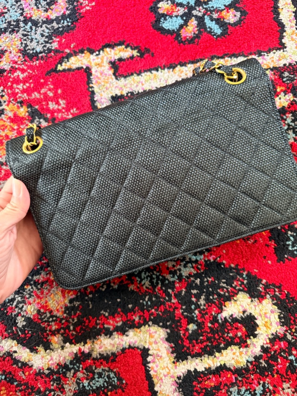 Chanel ultra rare 90s Quilted Fringe Black Raffia with 24k plated Gold Hardware - Picture 3 of 11